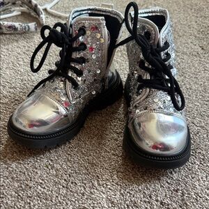 SHEIN Silver Sequin Combat Boots with Black Laces
